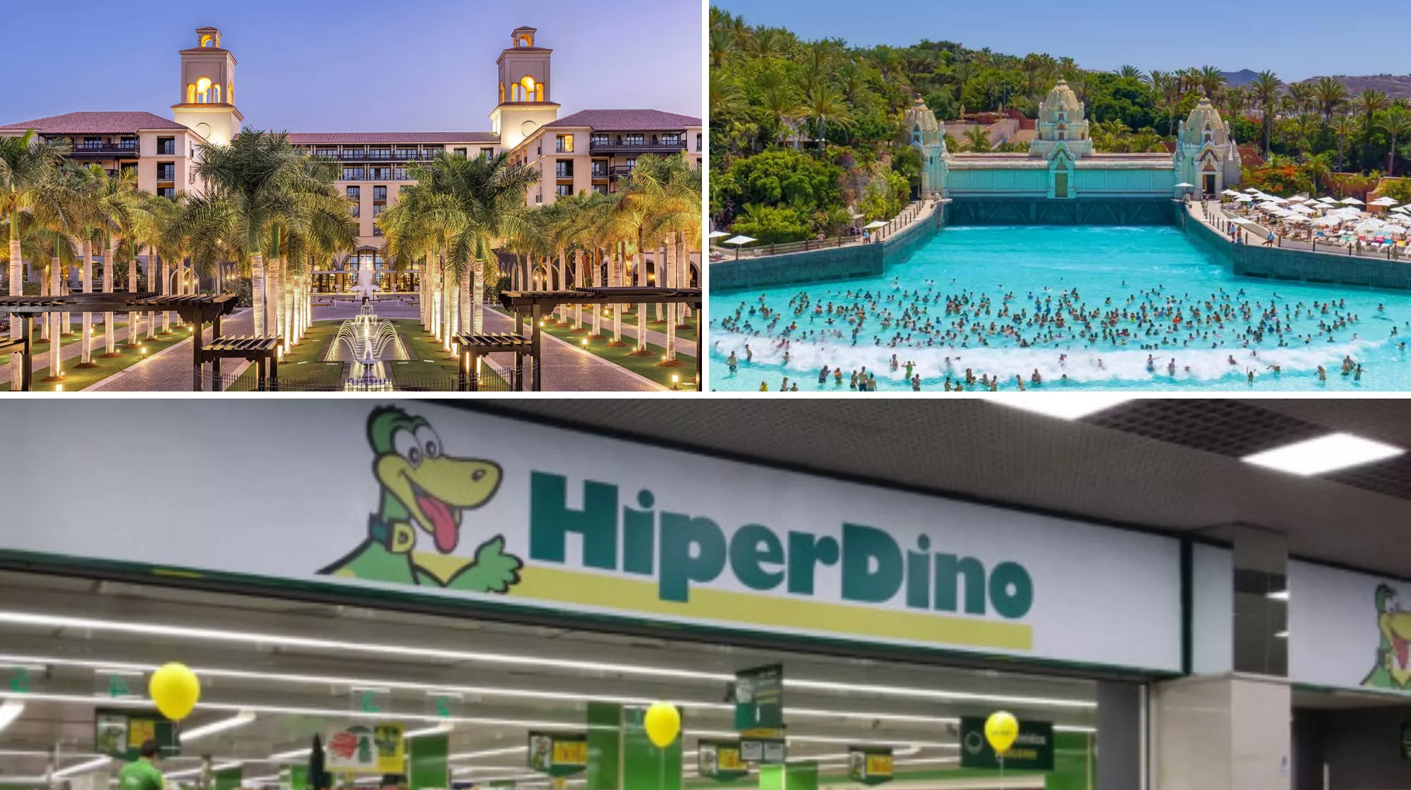 El hotel Costa Meloneras, del grupo Lopesan liderado por Eustasio López; Siam Park, creado por Wolfgang Kiessling; y un establecimiento de Hiperdino, de los hermanos Domínguez Santana./ AH