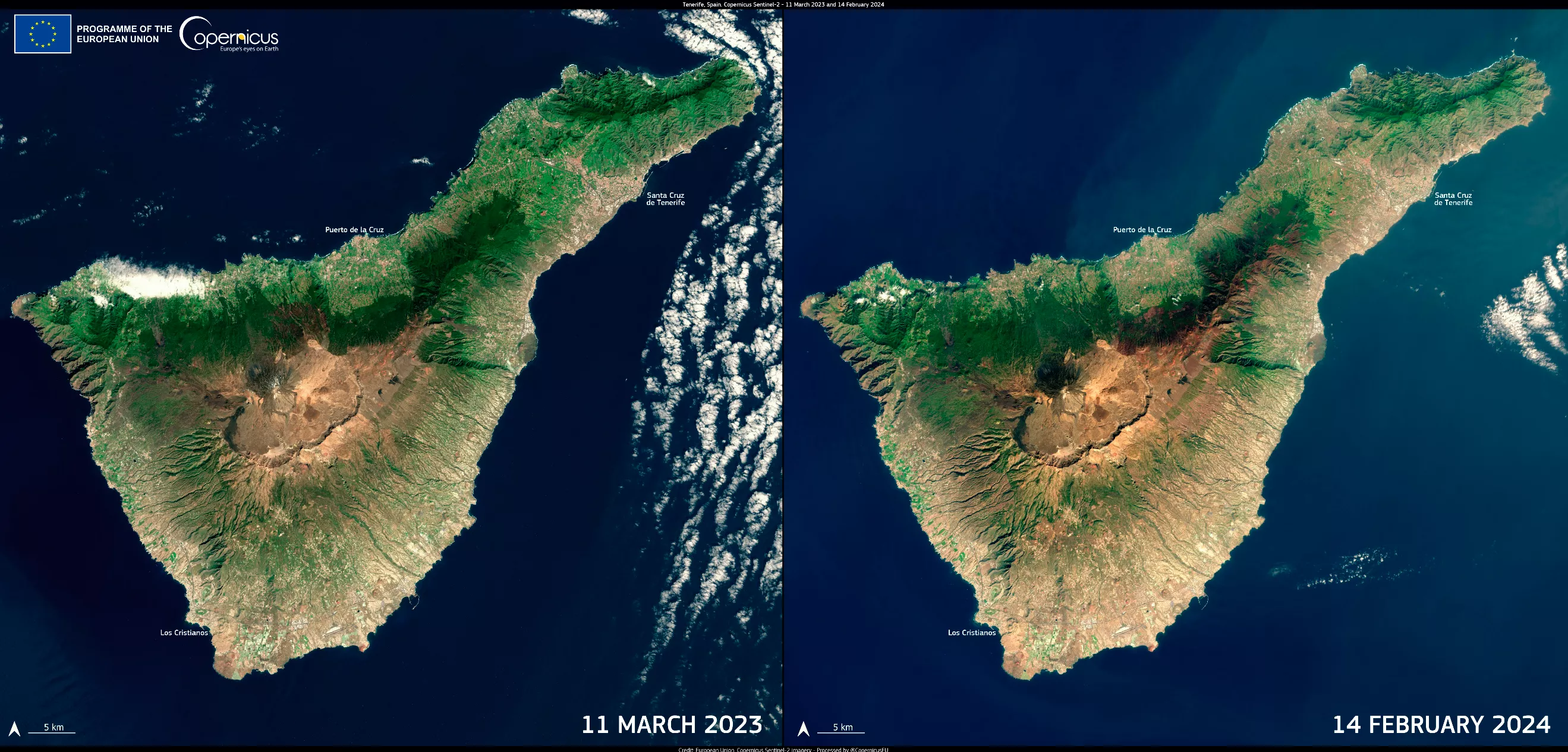 Combo de imágenes en el que constata un retroceso del manto verde en Tenerife./ COPERNICUS