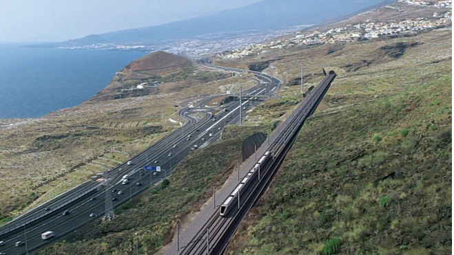 Ilustración del tren del sur que se proyecta en Tenerife. METROPOLITANO DE TENERIFE