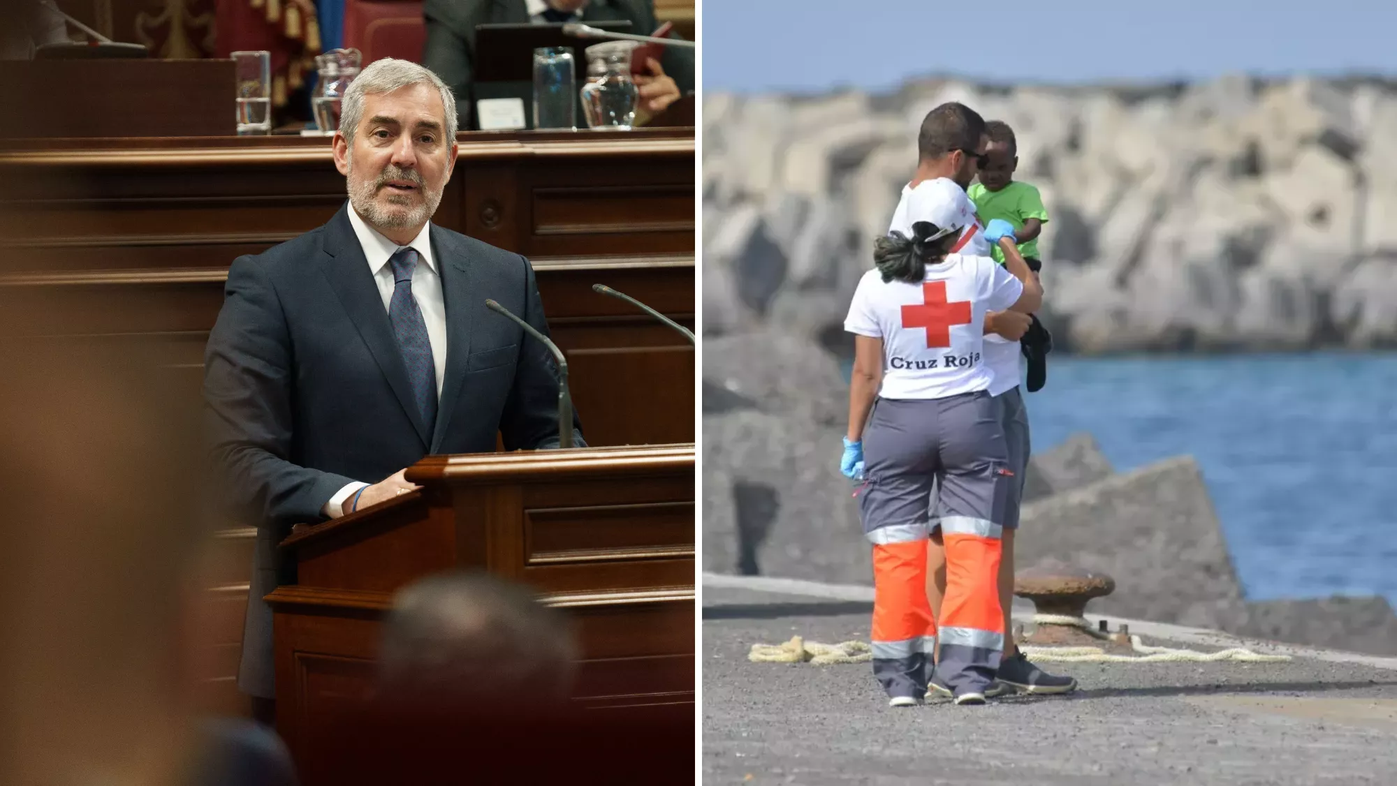 Fernando Clavijo y Cruz Roja atendiendo a un menor migrante / MONTAJE AH - EFE