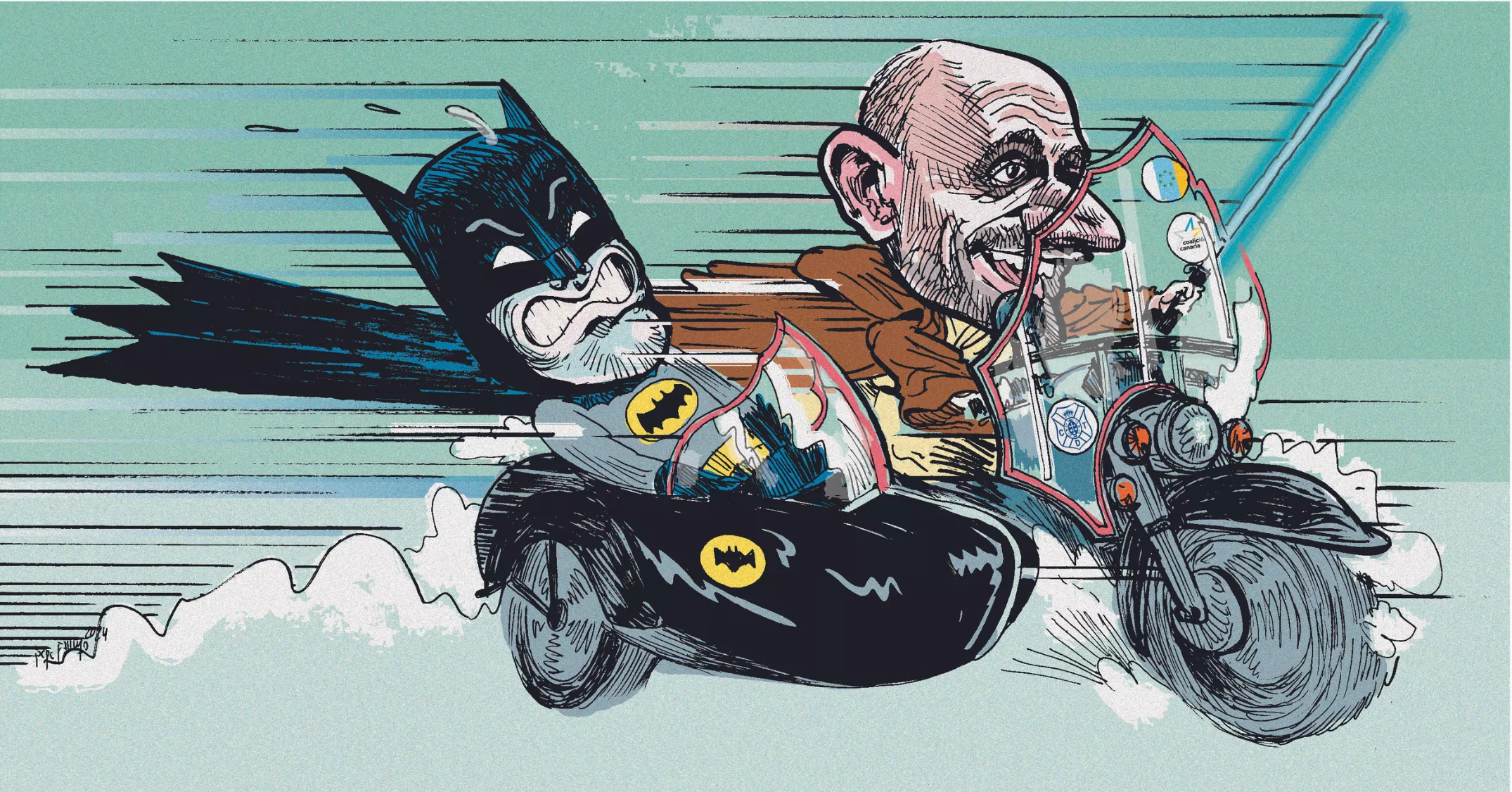 El jedi Alfonso Cabello, sable de luz en mano, acelera su moto con Batman sentado en el sidecar. / FARRUQO