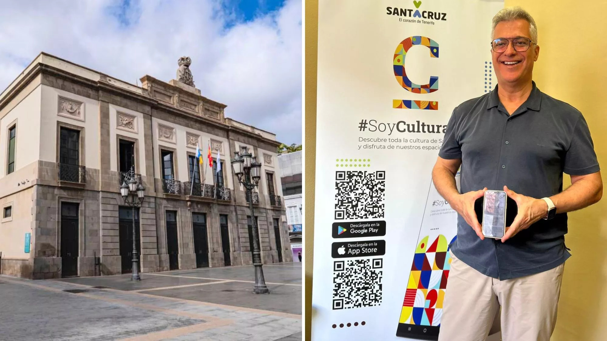 El Teatro Guimerá y el concejal de Cultura de Santa Cruz de Tenerife, Santiago Díaz Mejías, en la presentación de la app #SoyCulturaSC / MONTAJE AH