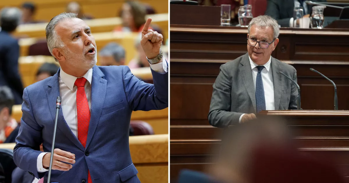 Ángel Víctor Torres y Sebastián Franquis, este martes -respectivamente-, en el Senado y el Parlamento de Canarias. / MARISCAL Y RAMÓN DE LA ROCHA-EFE