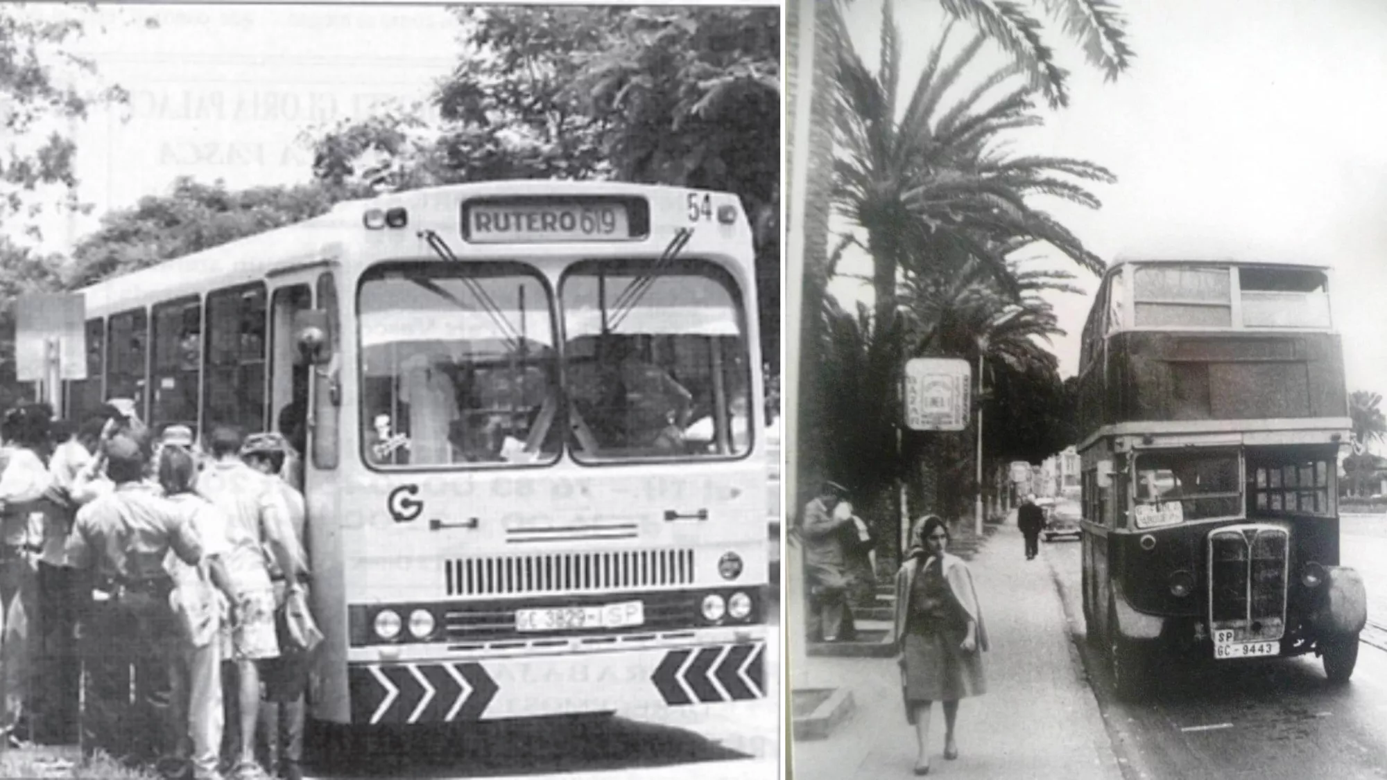 A la izquierda un vehículo de Guaguas Municipales en Cuba y a la derecha otro en Santa Catalina / MONTAJE AH - GUAGUAS MUNICIPALES