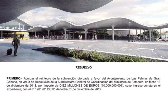 Arriba, una recreación de la estación de Hoya de la Plata. Abajo, el documento del Ayuntamiento de Las Palmas de Gran Canaria el reintegro de 10 millones de euros al Estado. / AH