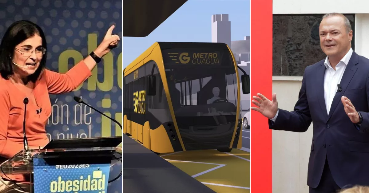 Carolina Darias, actual alcaldesa de Las Palmas de Gran Canaria, una recreación de la MetroGuagua a su salida del intercambiador de Hoya de la Plata, y Augusto Hidalgo, exalcalde de la capital grancanaria / AH