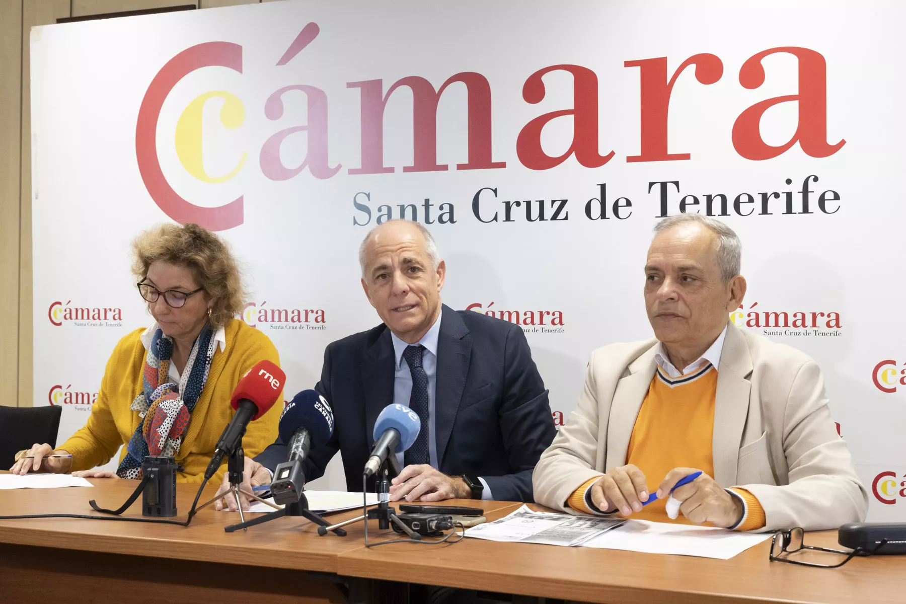 La directora de la Cámara de Comercio de Santa Cruz de Tenerife, Lola Pérez, el presidente, Santiago Sesé, y el consejero de Empleo del Cabildo de Tenerife, Efraín Media. / CEDIDA