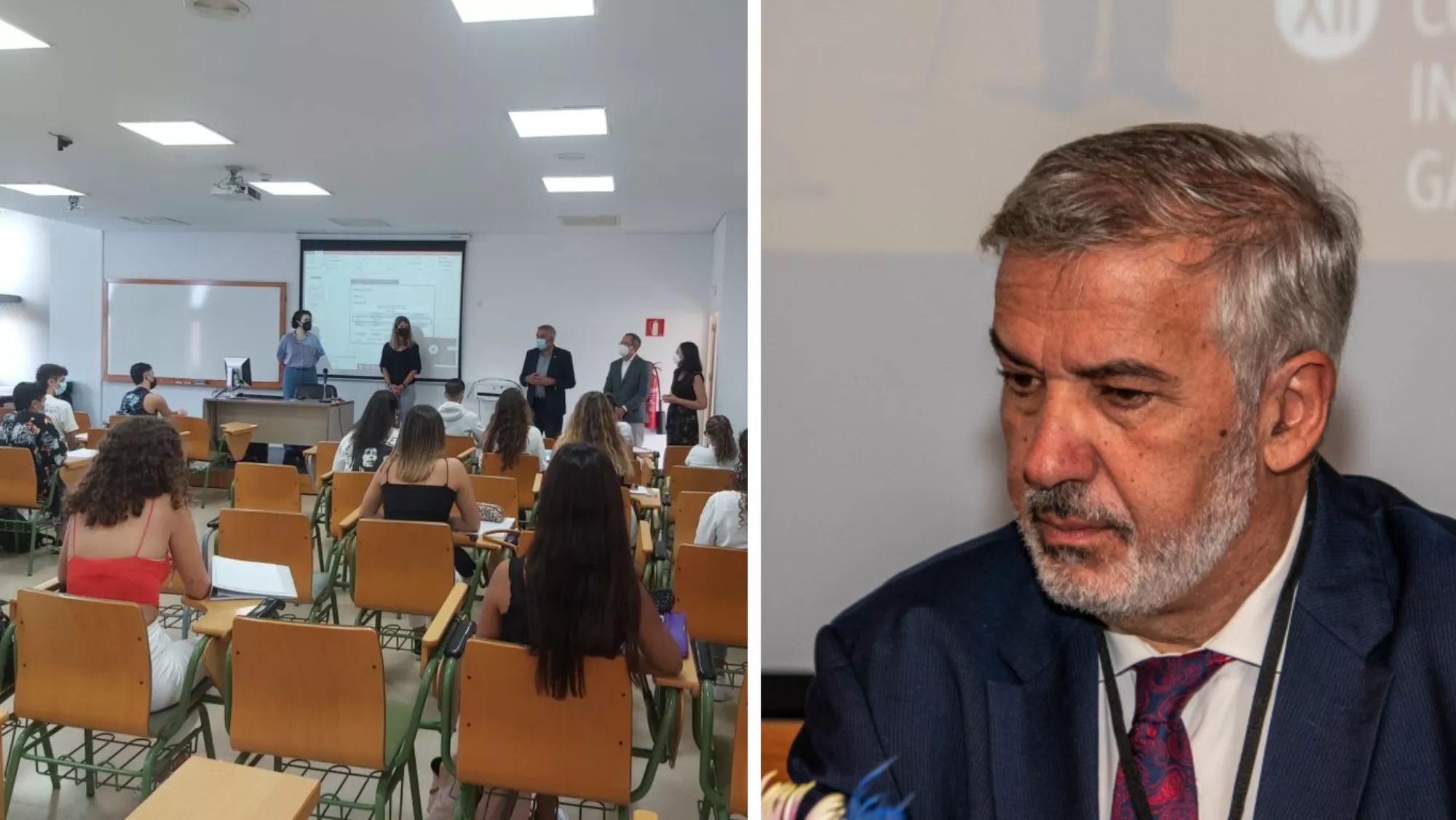 A la izquierda, estudiantes de Derecho en la ULPGC; a la derecha el rector Lluís Serra / MONTAJE AH