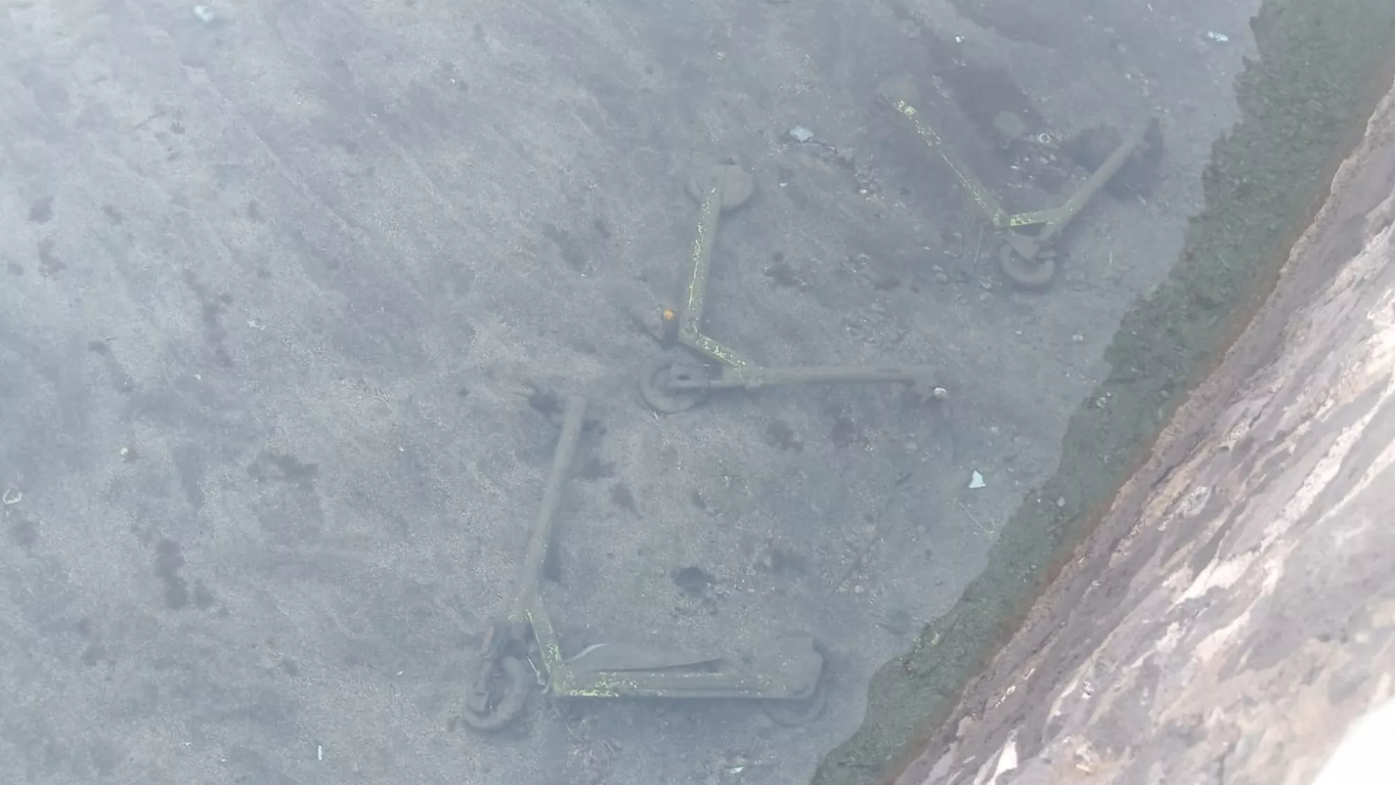 Tres patinetes de Link abandonados en el agua que rodea el Castillo Negro, en Santa Cruz de Tenerife./ CEDIDA