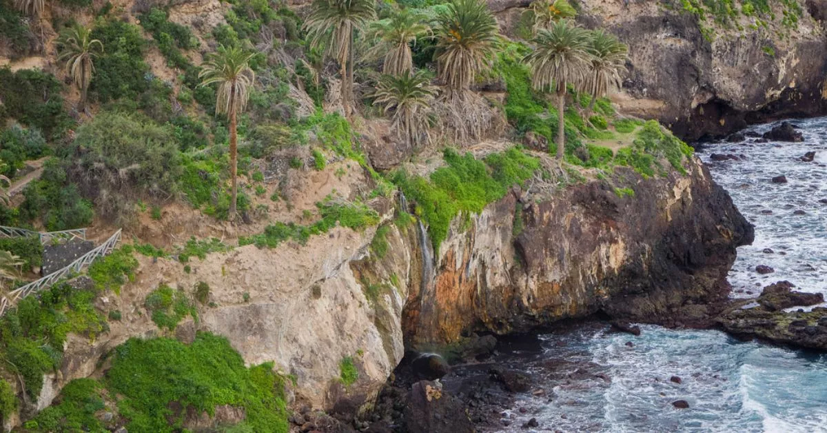 La cascada que vierte al mar en la playa de Castro o La Fajana es uno de los atractivos naturales de este trayecto entre palmeras por la Rambla de Castro./ REDES.