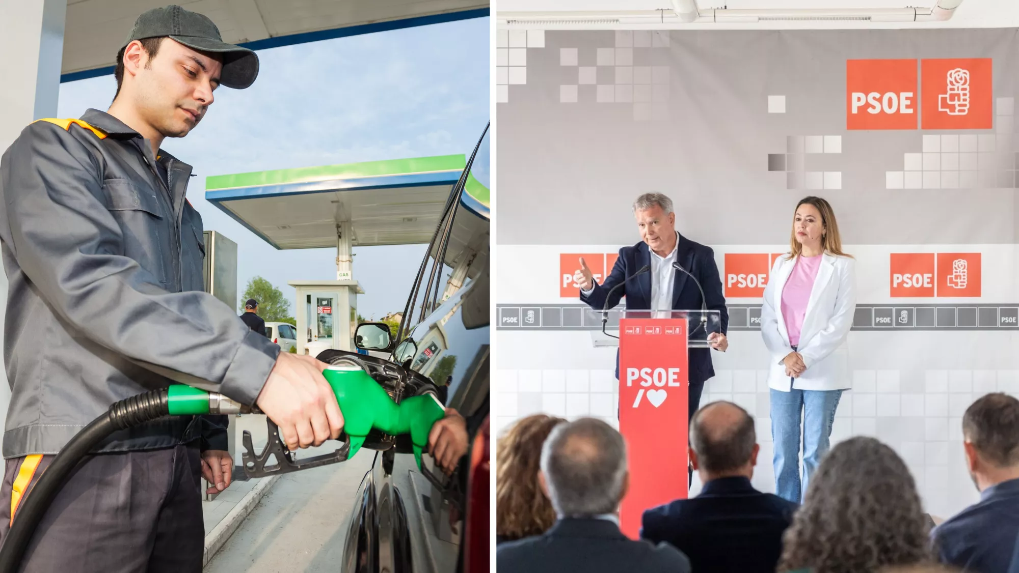 Una persona poniendo gasolina a la izquierda y a la derecha Sebastián Franquis y Dolores Corujo del PSOE / MONTAJE AH