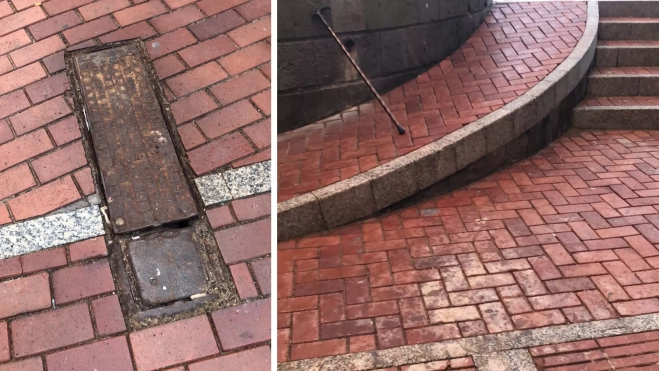 A la izquierda, una alcantarilla en mal estado; a la derecha, la rampa para la que piden un pasador / MONTAJE AH A la izquierda, una alcantarilla en mal estado; a la derecha, la rampa para la que piden un pasador / MONTAJE AH