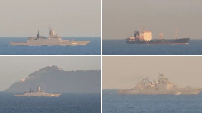Imágenes de los cuatro navíos rusos que formaban un convoy que cruzó el Estrecho el 22 de marzo. / MICHAEL J. SANCHEZ 
