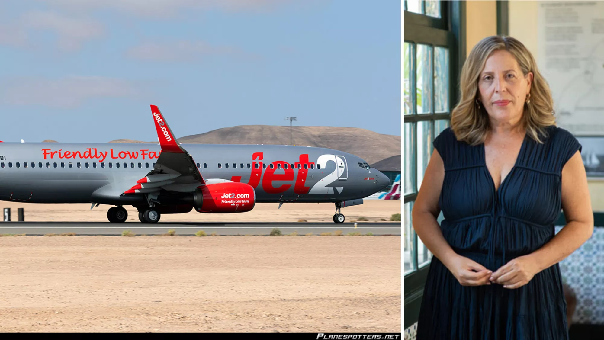 Un avión de Jet2 en el aeropuerto de Fuerteventura y la consejera de Turismo de la isla, Marlene Figueroa./ FLORENCIO MARTÍN MELIÁN / CABILDO DE FUERTEVENTURA