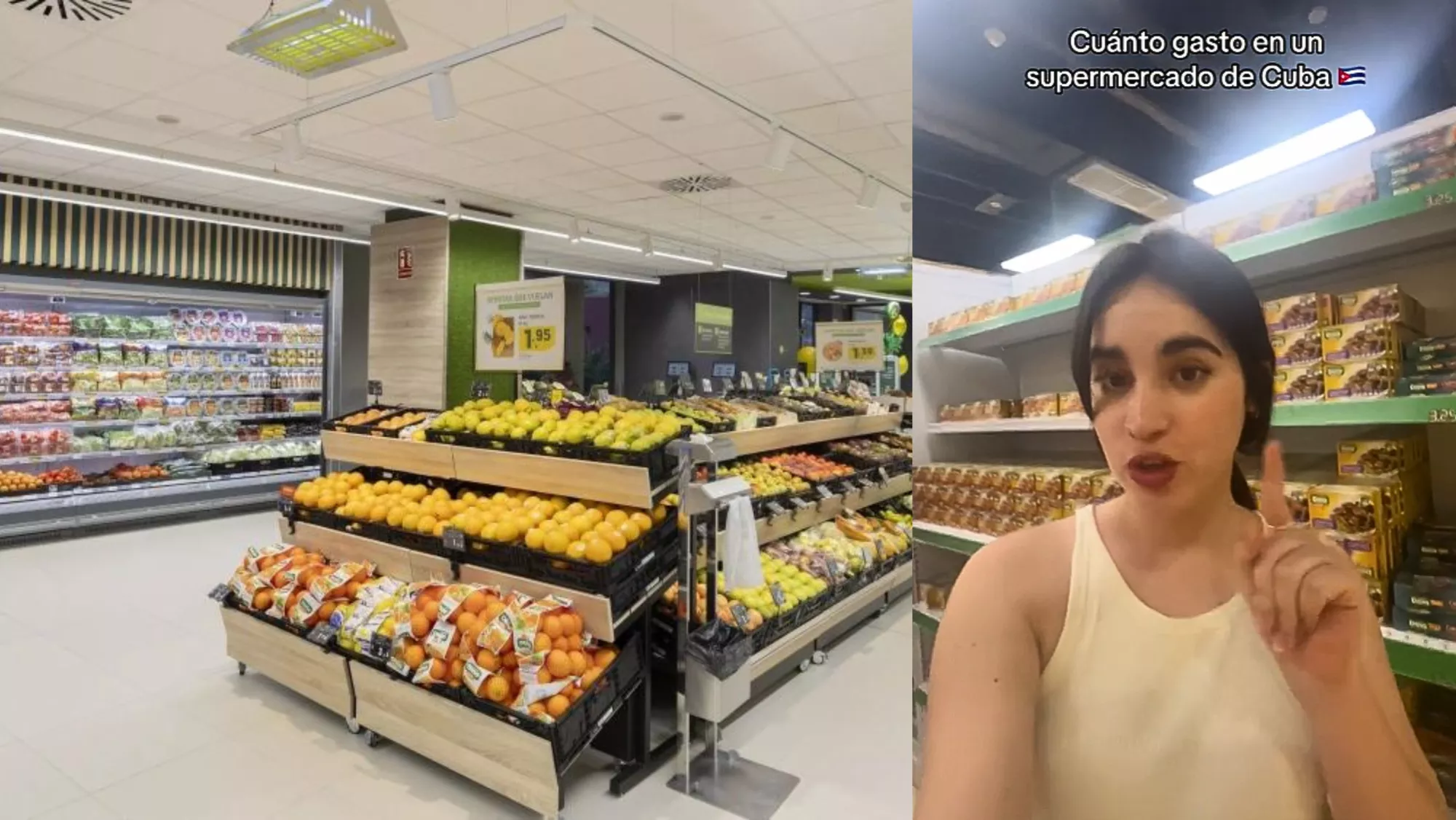 La influencer Anita Mateu muestra como productos españoles, entre ellos de Hiperdino, se encuentran en un supermercado de Cuba / MONTAJE AH