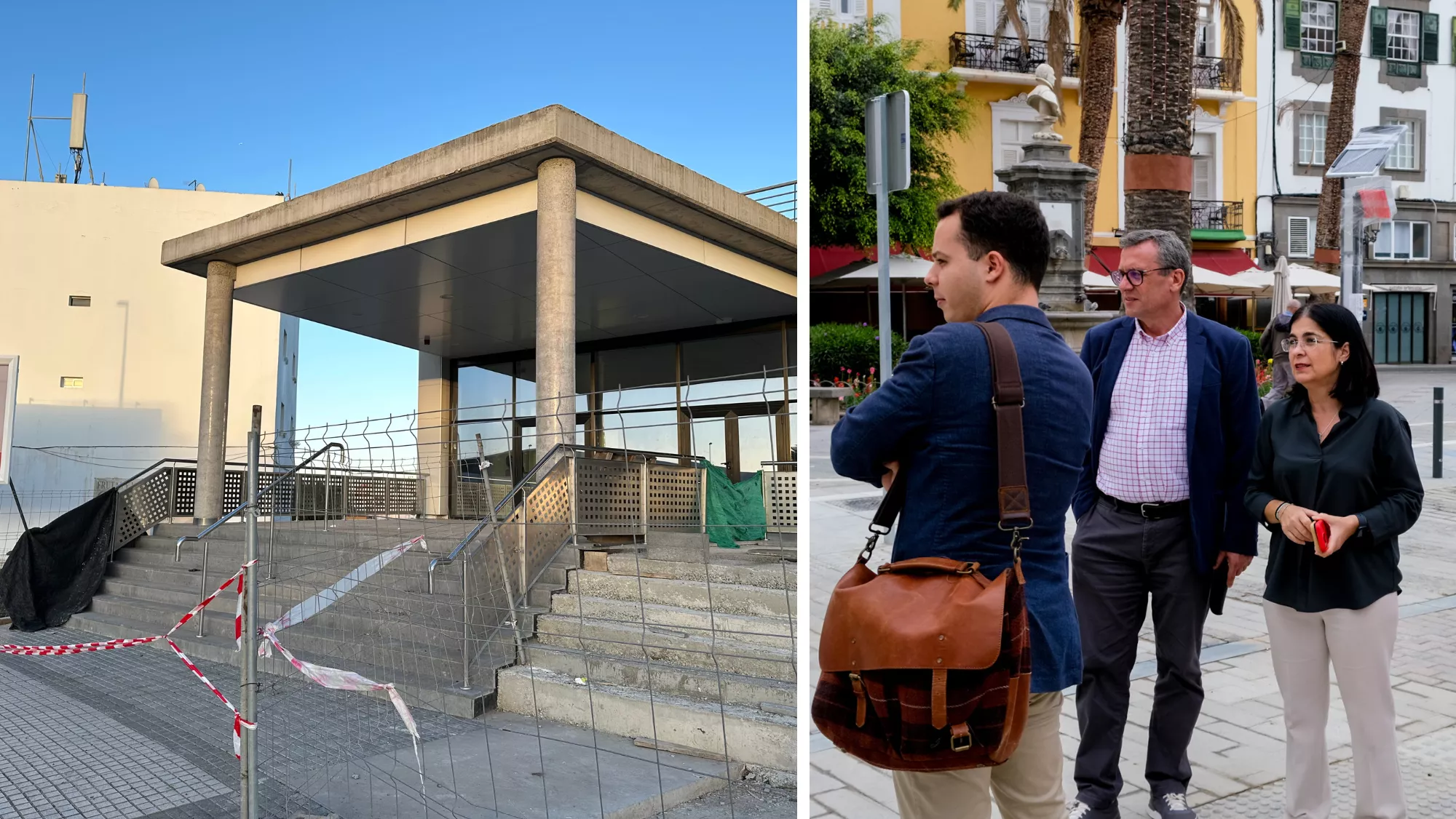 A la izquierda, el centro cultural Jesús Arencibia; a la derecha, Adrián Santana, Mauricio Roque y Carolina Darias / MONTAJE AH