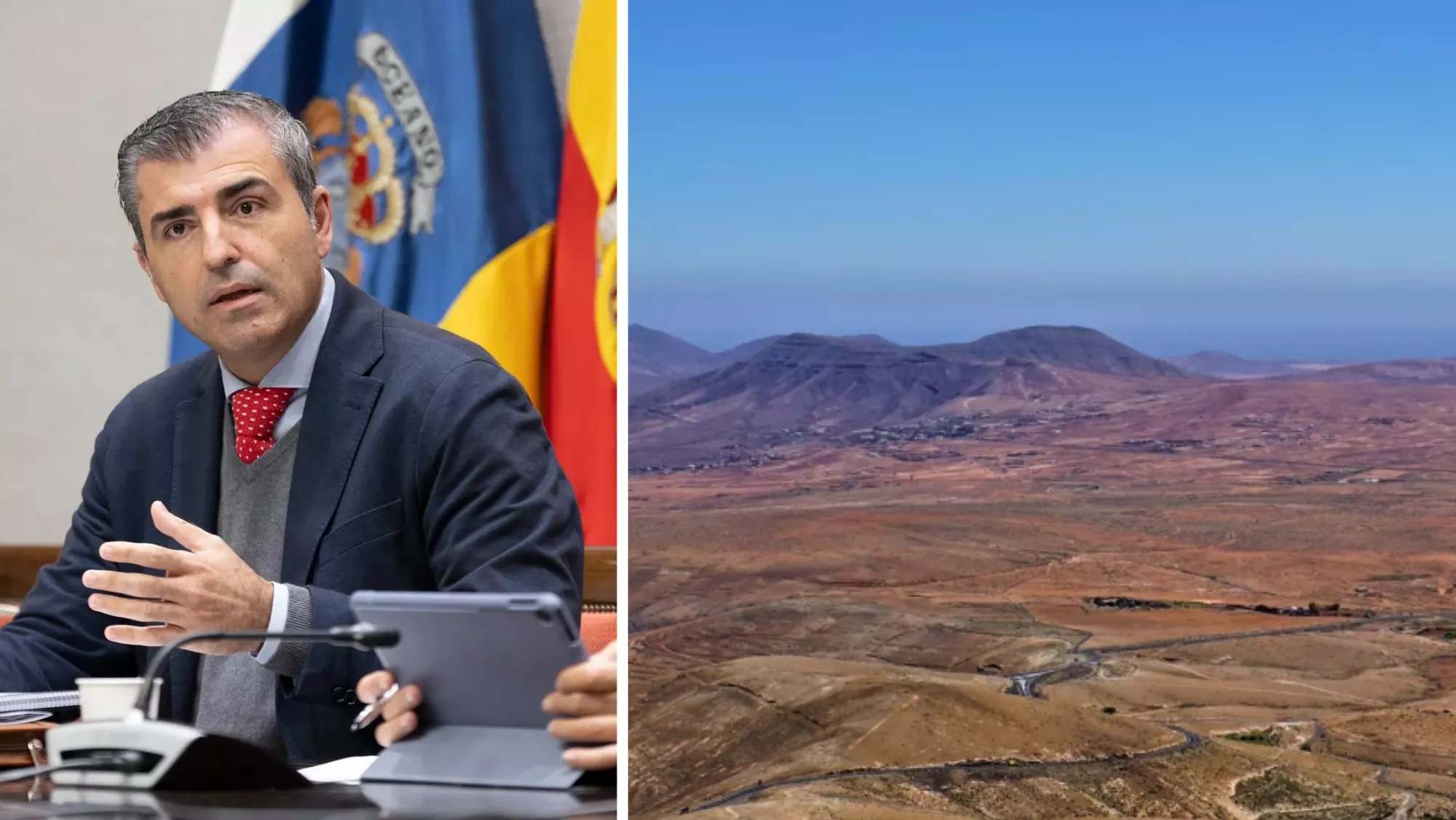 Manuel Domínguez y vistas de Fuerteventura con las delimitaciones de los permisos de permisos de investigación / MONTAJE AH