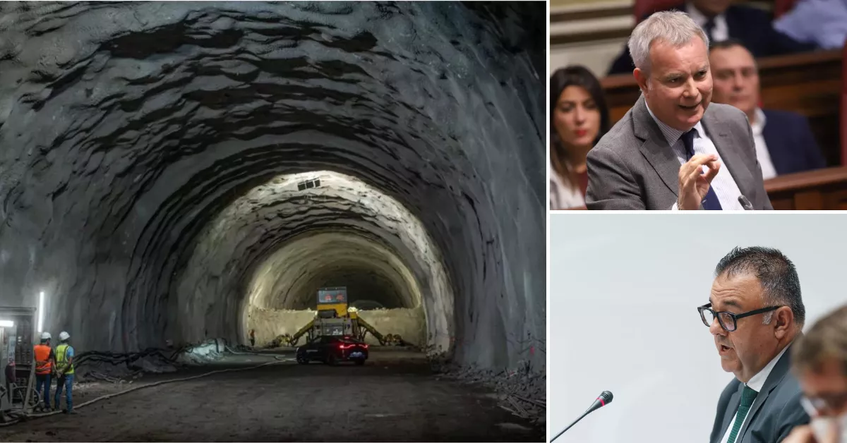 A la izquierda, uno de los tramos de la obra del cierre del anillo insular de Tenerife. A la derecha, Sebastián Franquis y Conrado Domínguez, que formaban parte de la cúpula ejecutiva de Obras Públicas del Gobierno de Canarias en 2019. / AH