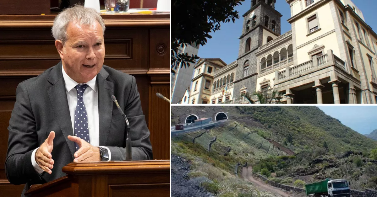 Sebastián Franquis, a la izquierda; la sede del TSJC y un tramo de la obra del anillo insular de Tenerife, a la derecha. / AH