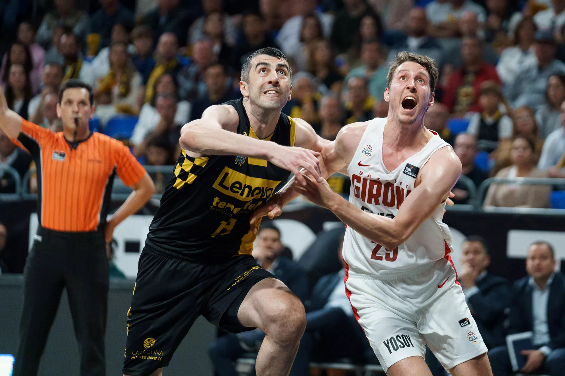 Shermadini disputa la posesión de balón a Susinkas en el partido entre CB Canarias y Girona donde los aurinegros se impusieron por 74-60./ EFE.