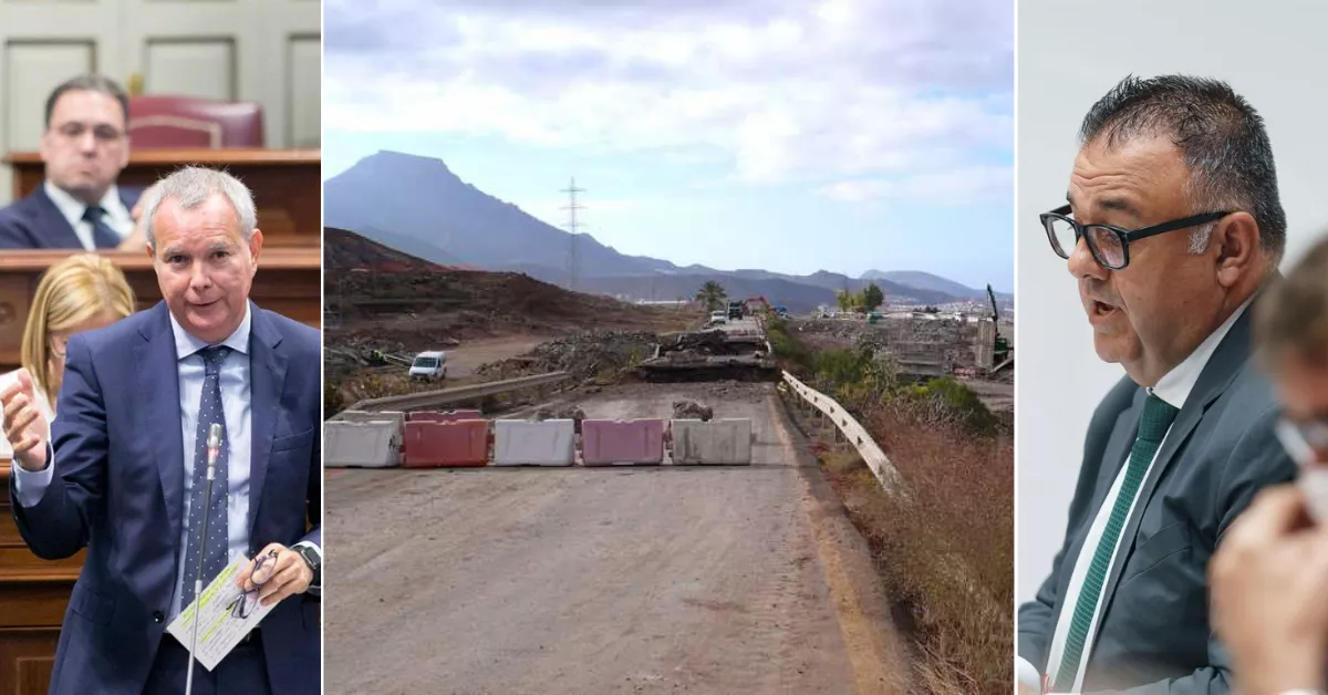 Sebastián Franquis, exconsejero de Obras Públicas; una imagen de la obra del cierre del anillo insular de Tenerife; y Conrado Domínguez, ex secretario general técnico de Obras Públicas. / AH