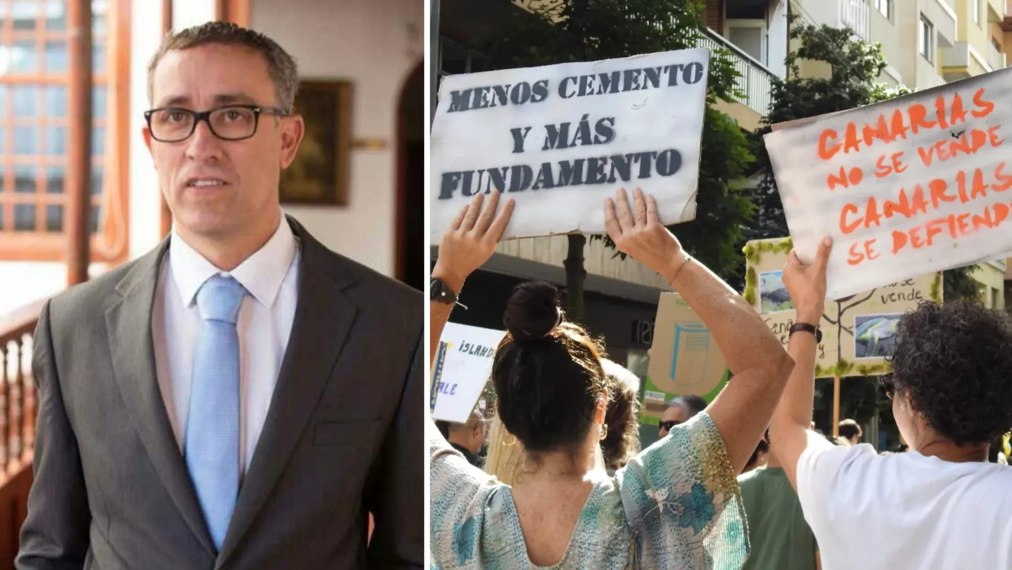 Antonio Hernández a la izquierda y una manifestación contra el modelo turístico a la derecha / MONTAJE AH