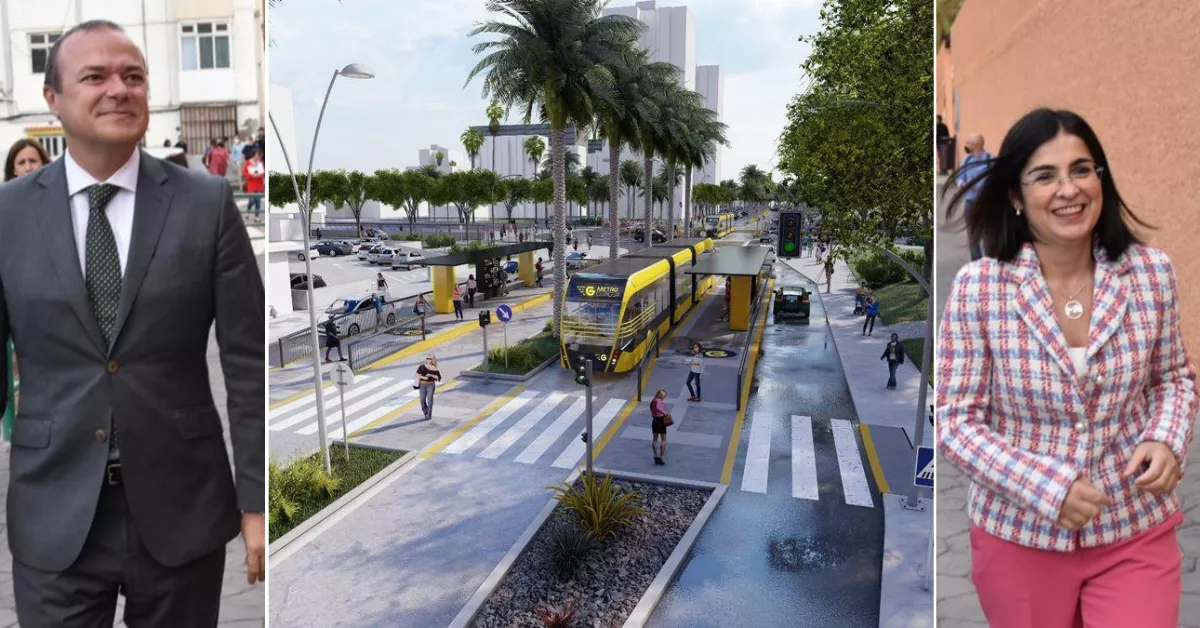 Augusto Hidalgo y Carolina Darias alrededor de una recreación del paso de la MetroGuagua por la Vega de San José. / AH