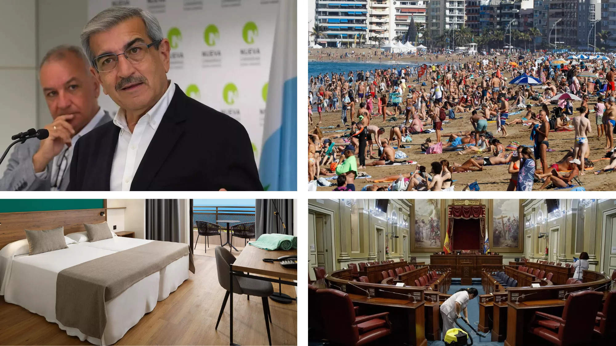 Román Rodríguez, turistas, una habitación de hotel y el Parlamento / MONTAJE AH