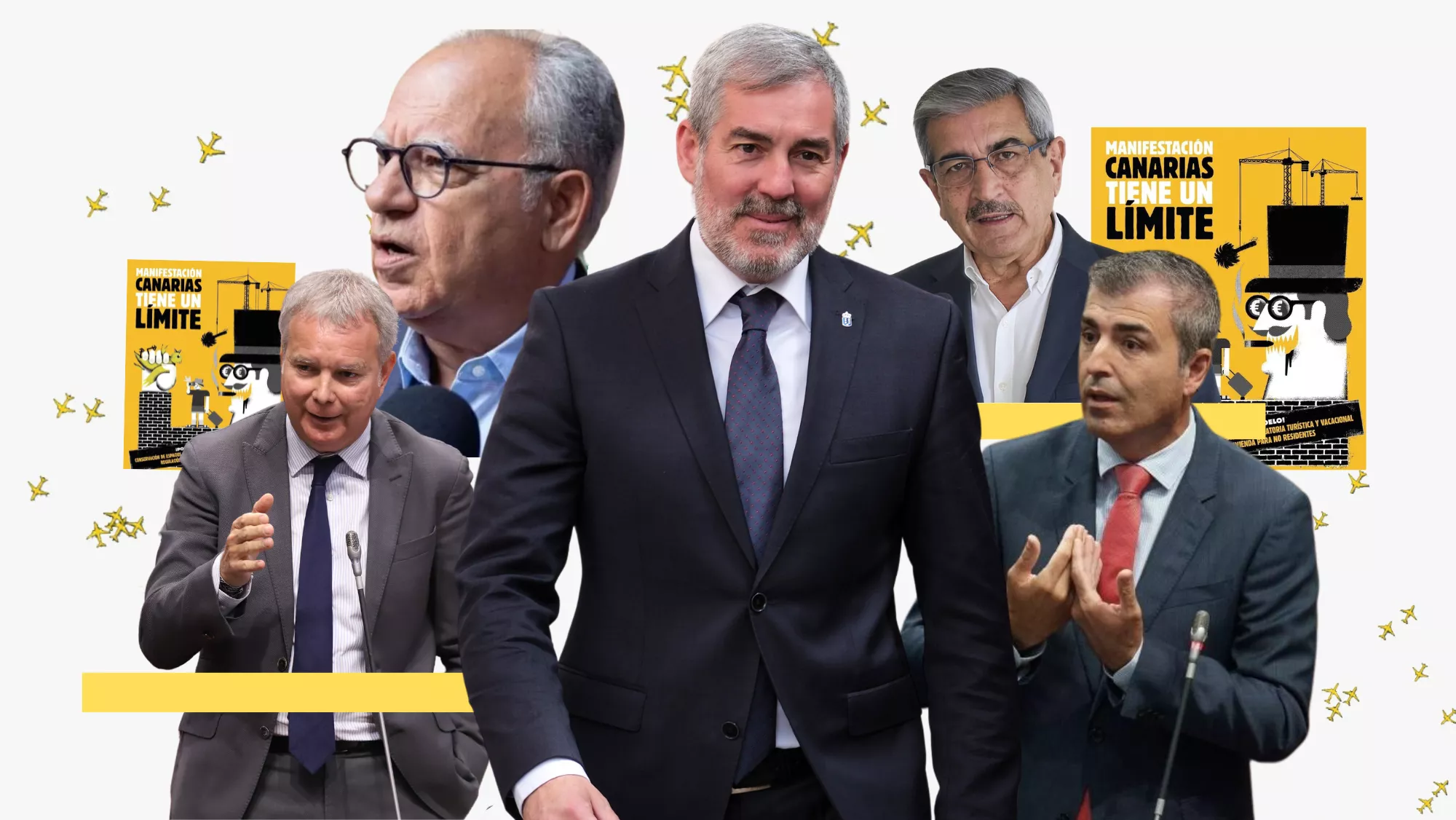 Montaje con imágenes de Sebastián Franquis, Casimiro Curbelo, Fernando Clavijo, Román Rodríguez y Manuel Domínguez, representantes de los principales partidos. / AH