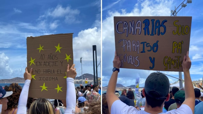 Jóvenes con pancartas con letras de las canciones del artista canario Cruz Cafuné / ATLÁNTICO HOY - ARIADNA MARTÍNEZ
