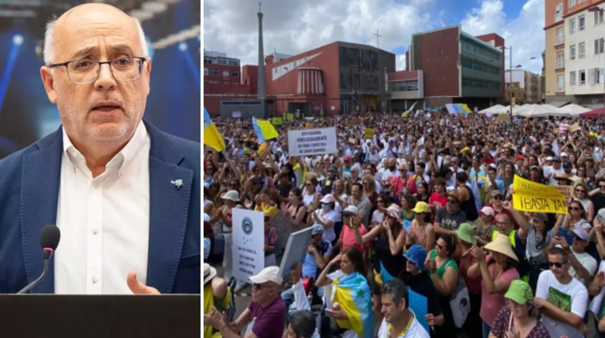 El presidente del Cabildo de Gran Canaria, Antonio Morales, y una imagen de las manifestaciones en Gran Canaria./ AH