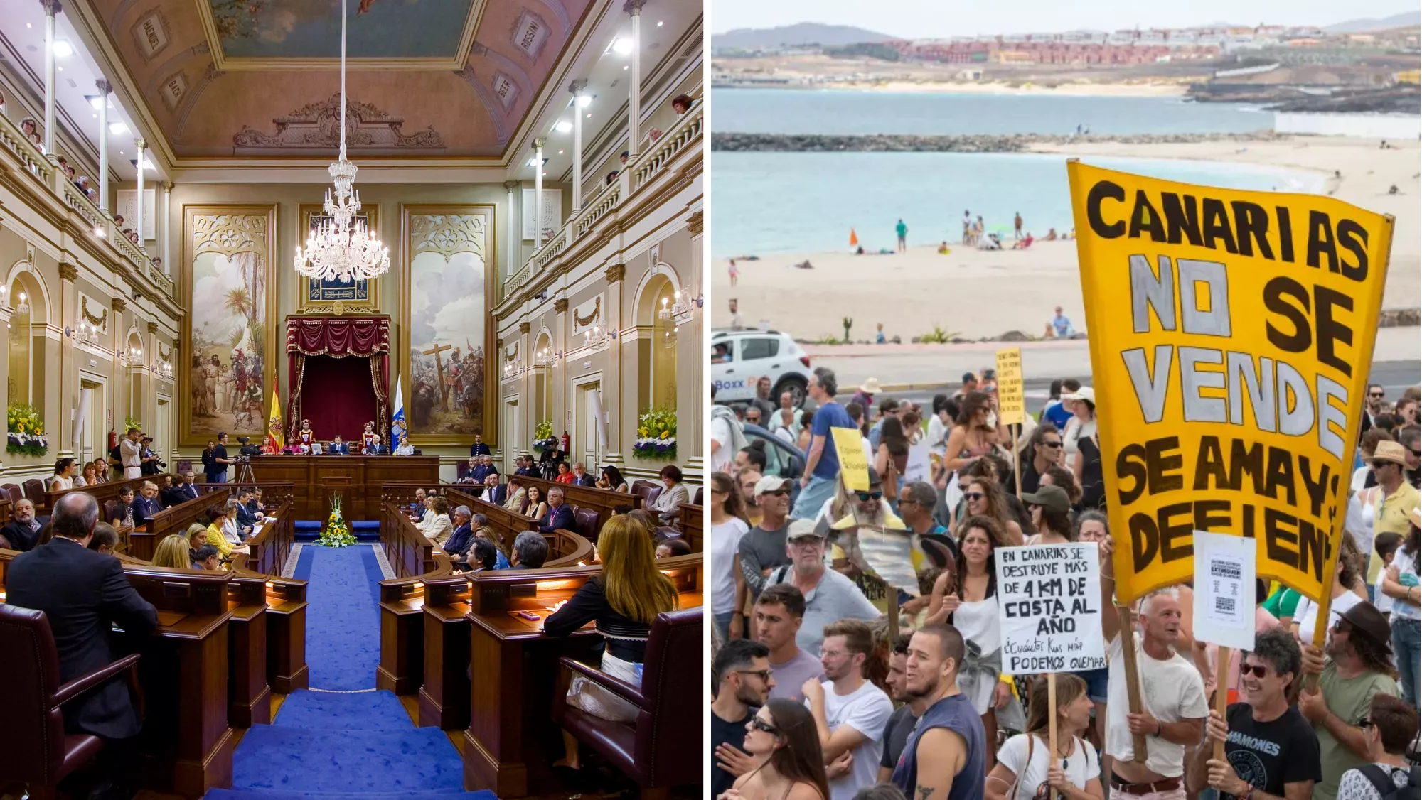 Imagen del Parlamento de Canarias y de la manifestación del 20A en Gran Canaria / MONTAJE AH - EFE