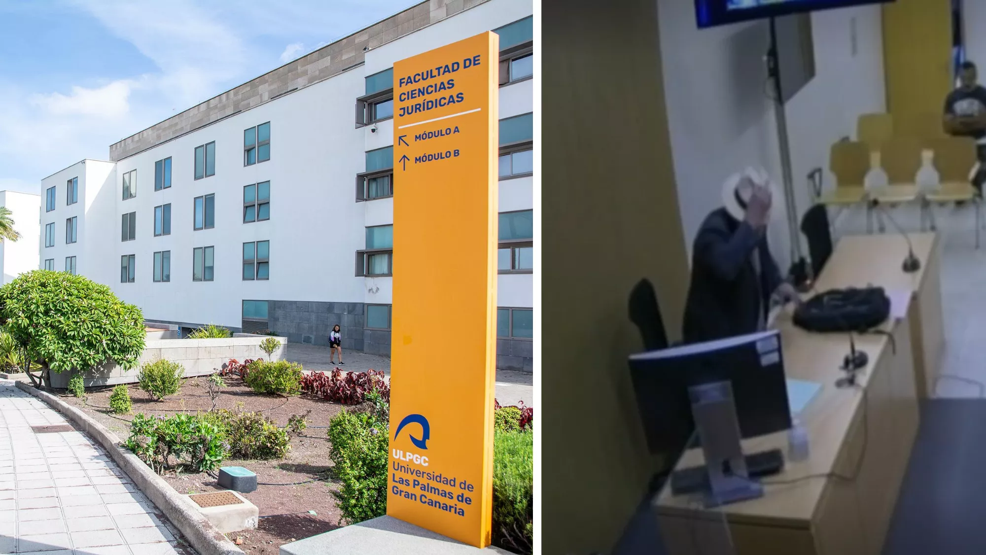 En la izquierda, la Facultad de Ciencias Jurídicas; a la derecha, el abogado expulsado de la Sala por el juez / AH