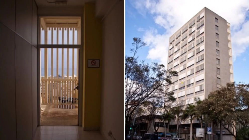 Salida a las escaleras de emergencia (izq.) y panorámica del Edificio Casa Sindical de Santa Cruz de Tenerife./ COLEGIO DE ARQUITECTOS