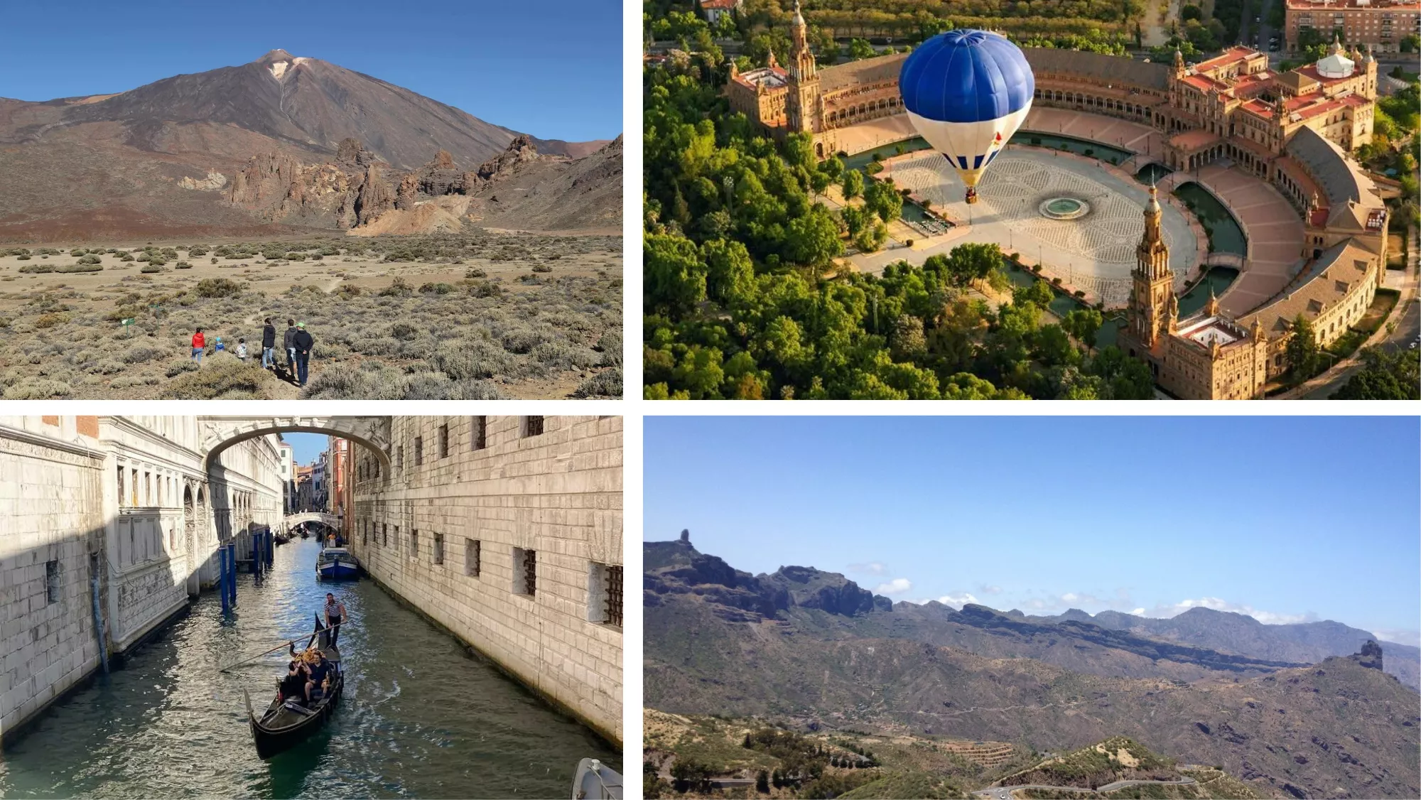 El Teide, Plaza de España en Sevilla, Venecia y el Roque Nublo, lugares donde hay o habrá tasas turísticas / MONTAJE AH