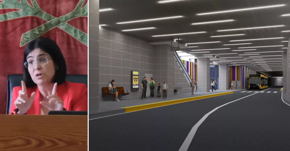 Carolina Darias, a la izquierda, durante el último pleno del Ayuntamiento de Las Palmas de Gran Canaria. A la derecha, recreación del paso inferior de la MetroGuagua por Santa Catalina. / AH