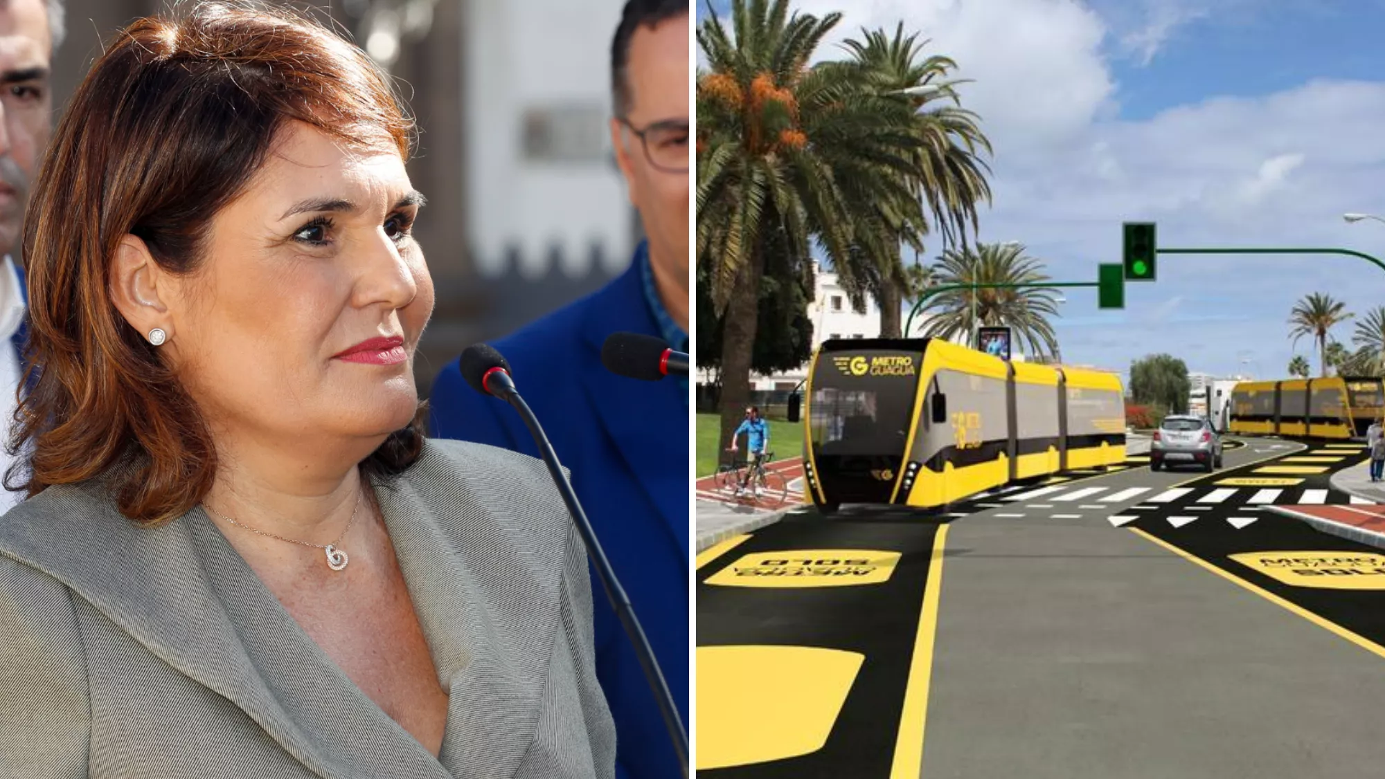 A la izquierda, Jimena Delgado (PP) y a la derecha una imagen del proyecto de la Metroguagua / MONTAJE AH