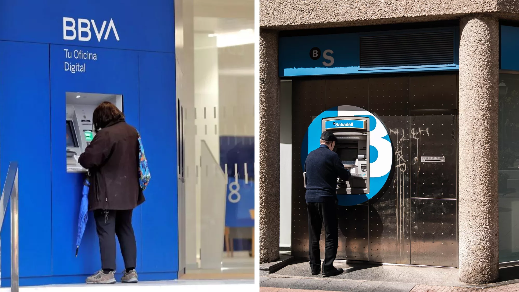 A la izquierda, un cajero de BBVA; a la derecha, un cajero de Banco Sabadell / MONTAJE AH