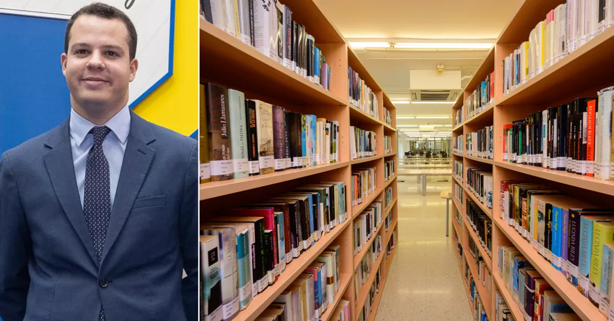 A la izquierda, Adrián Santana, concejal de Cultura del Ayuntamiento de Las Palmas de Gran Canaria; a la derecha, imagen de la Biblioteca Municipal Dolores Campos Herrero. / AH