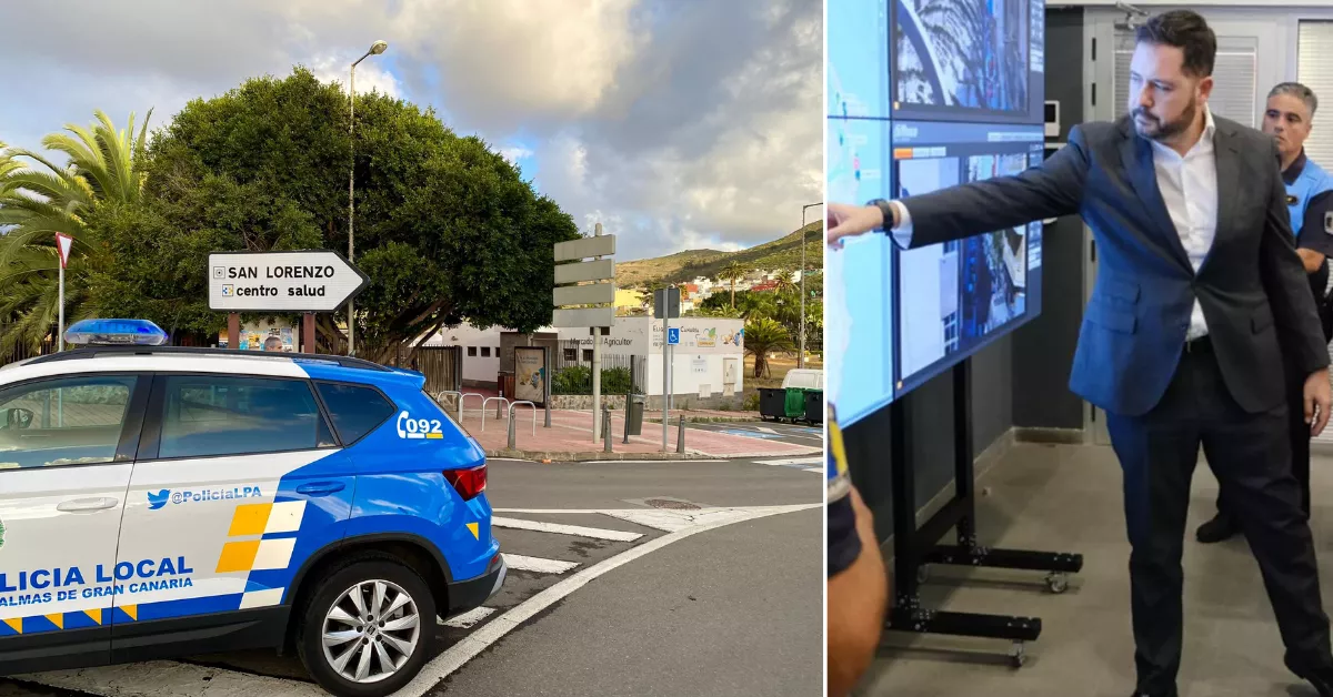 En la imagen, a la izquierda, un coche de la Policía Local de Las Palmas; a la derecha, el concejal de Seguridad, Josué Íñiguez. / AH
