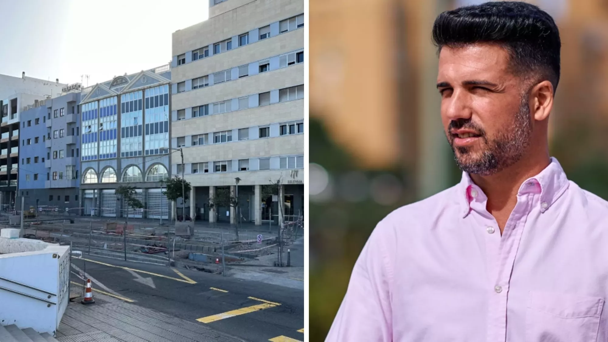 Un tramo de la Metroguagua en obras y David Suárez de Coalición Canaria / MONTAJE AH