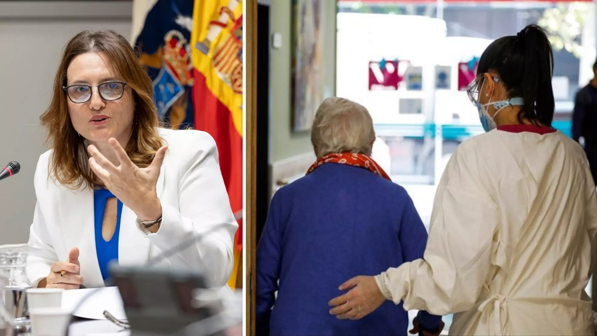 Candelaria Delgado, consejera, y una anciana junto a una cuidadora  / MONTAJE AH