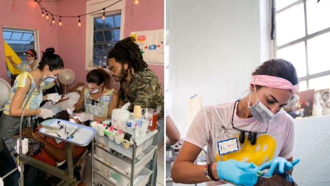 La odontóloga trabajando como voluntaria en Las Bahamas / MONTAJE AH