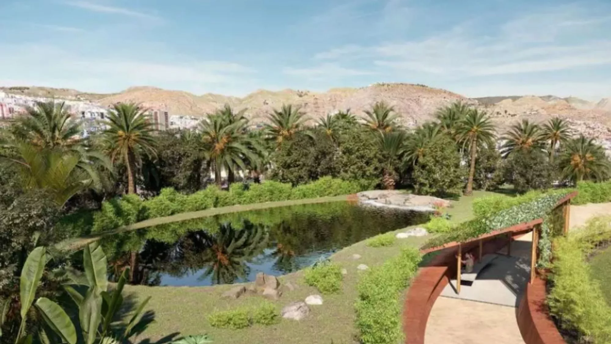 Infografía del nuevo lago y el 'Hide' para avistar aves en el Palmétum / JORGE DÍAZ ESTUDIO / EQUIPO OLIVARES