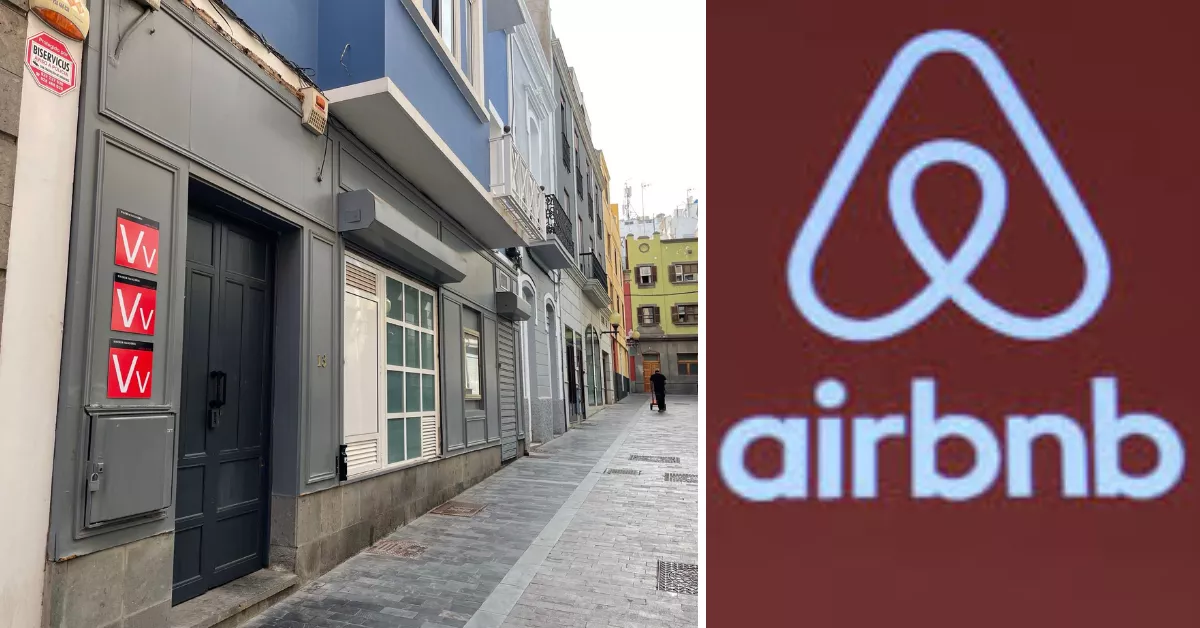 A la izquierda, un edificio con varias viviendas en alquiler vacacional en Canarias; a la derecha, el logo de Airbnb. / AH