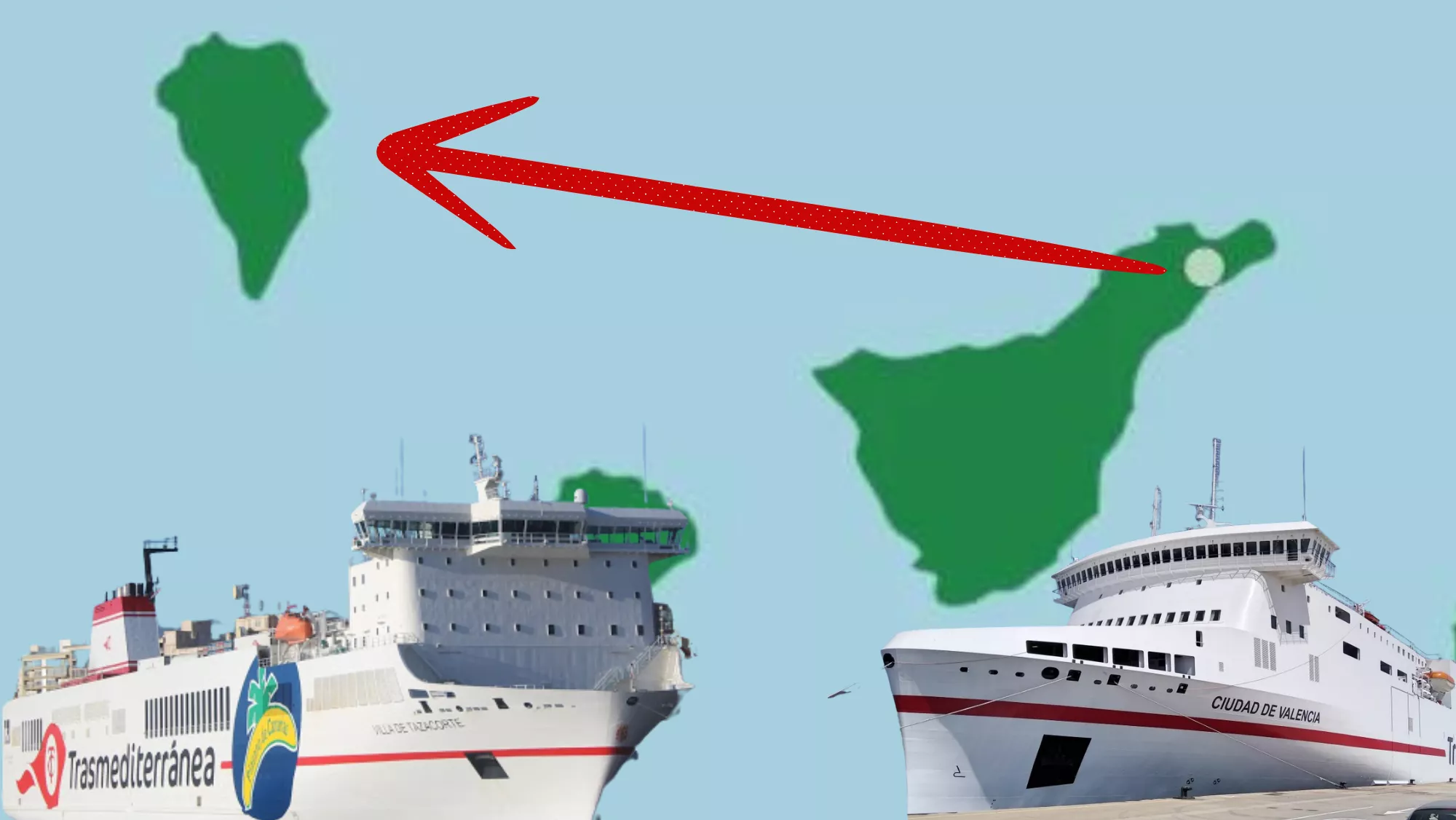 Los barcos 'Ciudad de Valencia' y 'Villa de Tazacorte', que a partir de junio harán la ruta directa entre Santa Cruz de Tenerife y Santa Cruz de La Palma./ MONTAJE AH