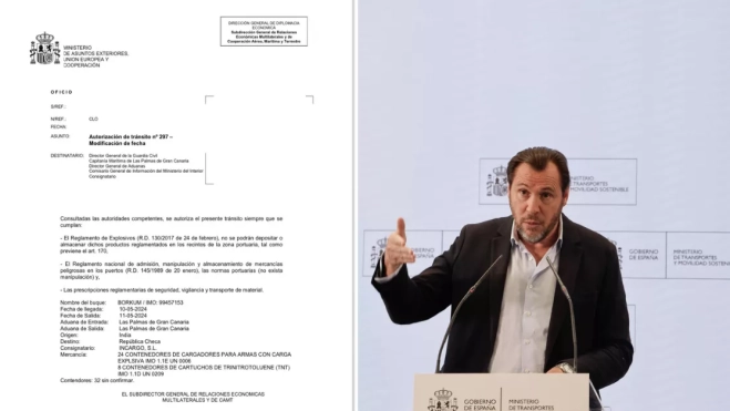 A la izquierda, el documento que certifica el paso del 'Borkum' por Las Palmas mostrado por el ministro de Transportes, Óscar Puente. / AH Y SERGIO PÉREZ-EFE A la izquierda, el documento que certifica el paso del 'Borkum' por Las Palmas mostrado por el ministro de Transportes, Óscar Puente. / AH Y SERGIO PÉREZ-EFE