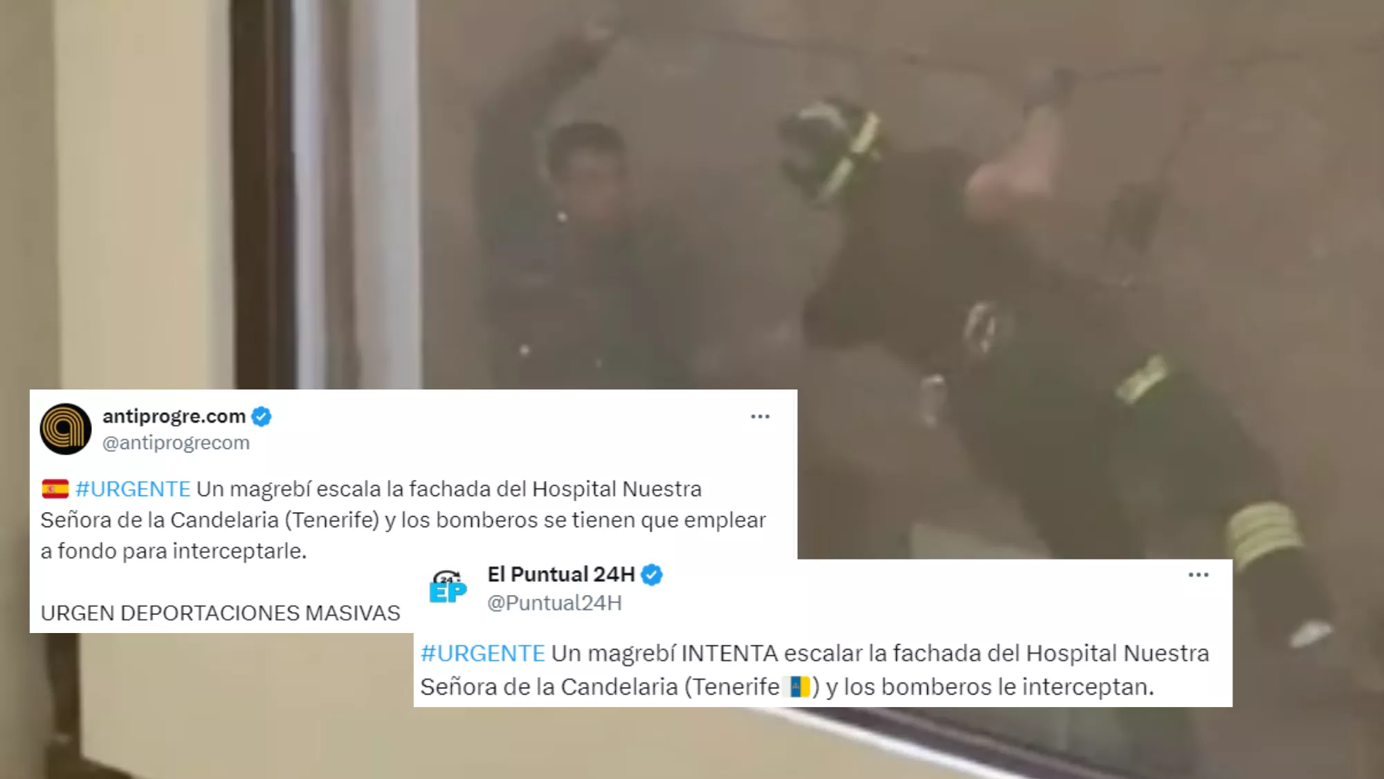 Bulos sobre el falso origen magrebí del paciente que tuvo que ser rescatado por los bomberos en el Hospital de La Candelaria./ MONTAJE AH