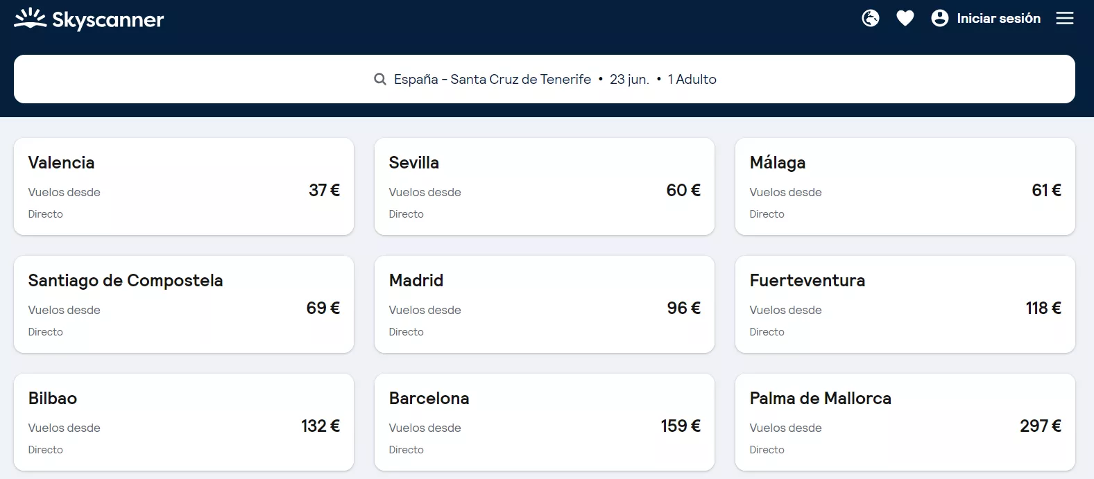 Precios para volar a Tenerife el fin de semana del 22 y 23 de junio./ SKYSCANNER