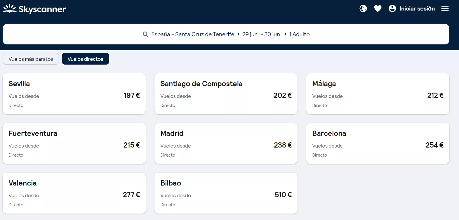 Precios para volar a Tenerife el fin de semana del 29 y 30 de junio, coincidiendo con el concierto de Ed Sheeran./ SKYSCANNER